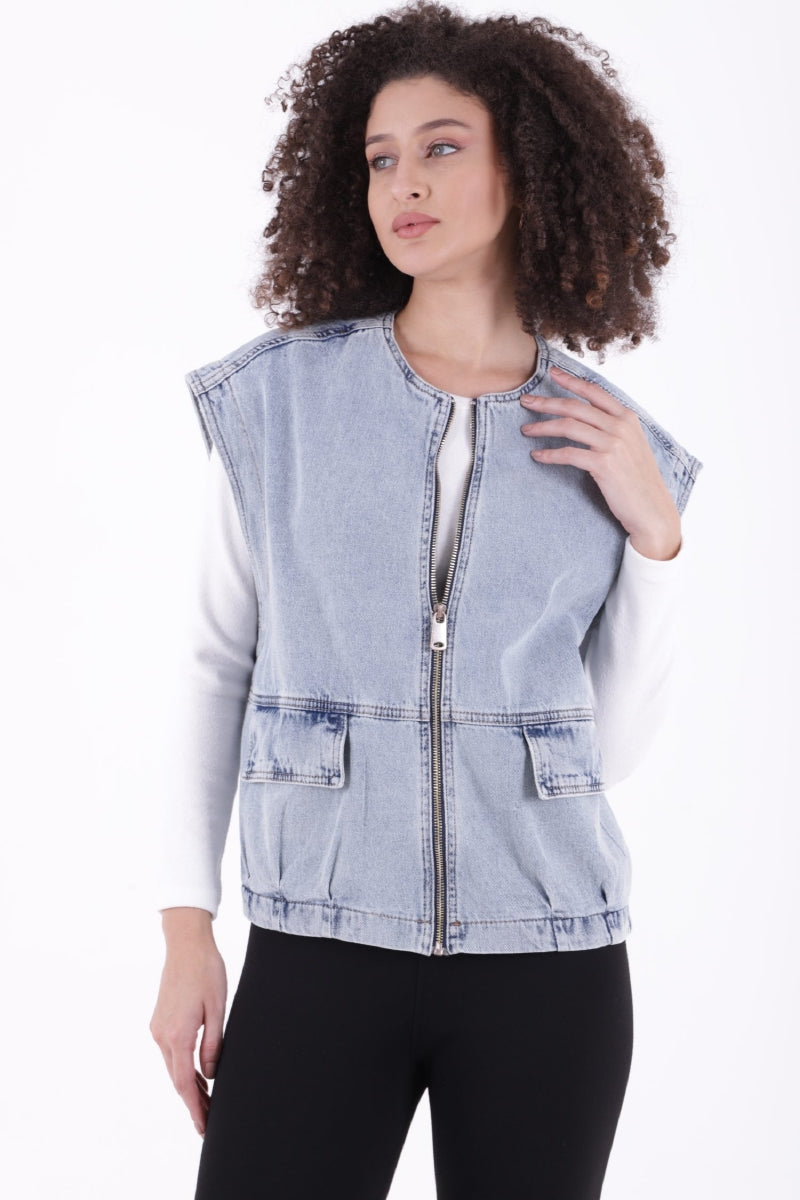 Fermuarlı Oversize Kot Yelek - Buz Mavisi ve Tintli - (S+L+4) - 5