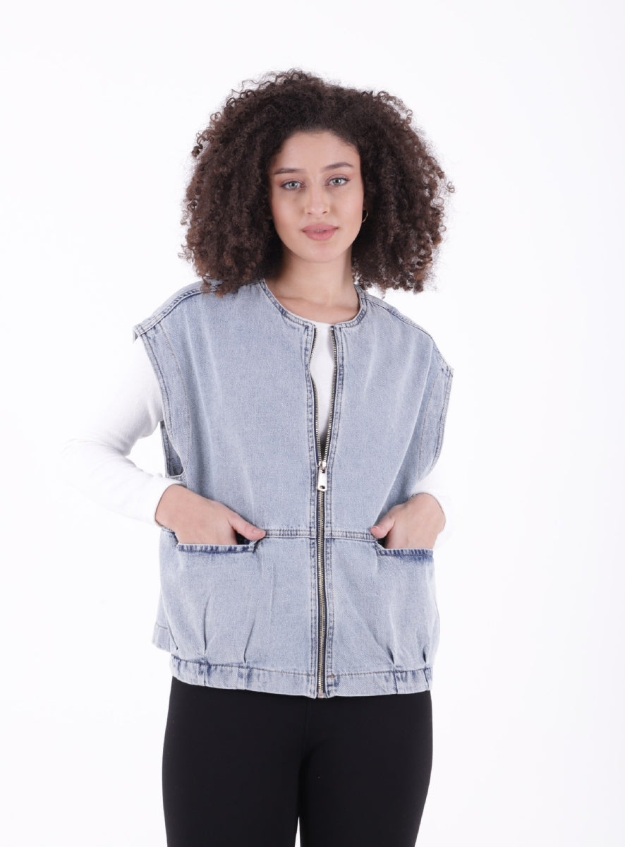 Fermuarlı Oversize Kot Yelek - Buz Mavisi ve Tintli - (S+L+4) - 6