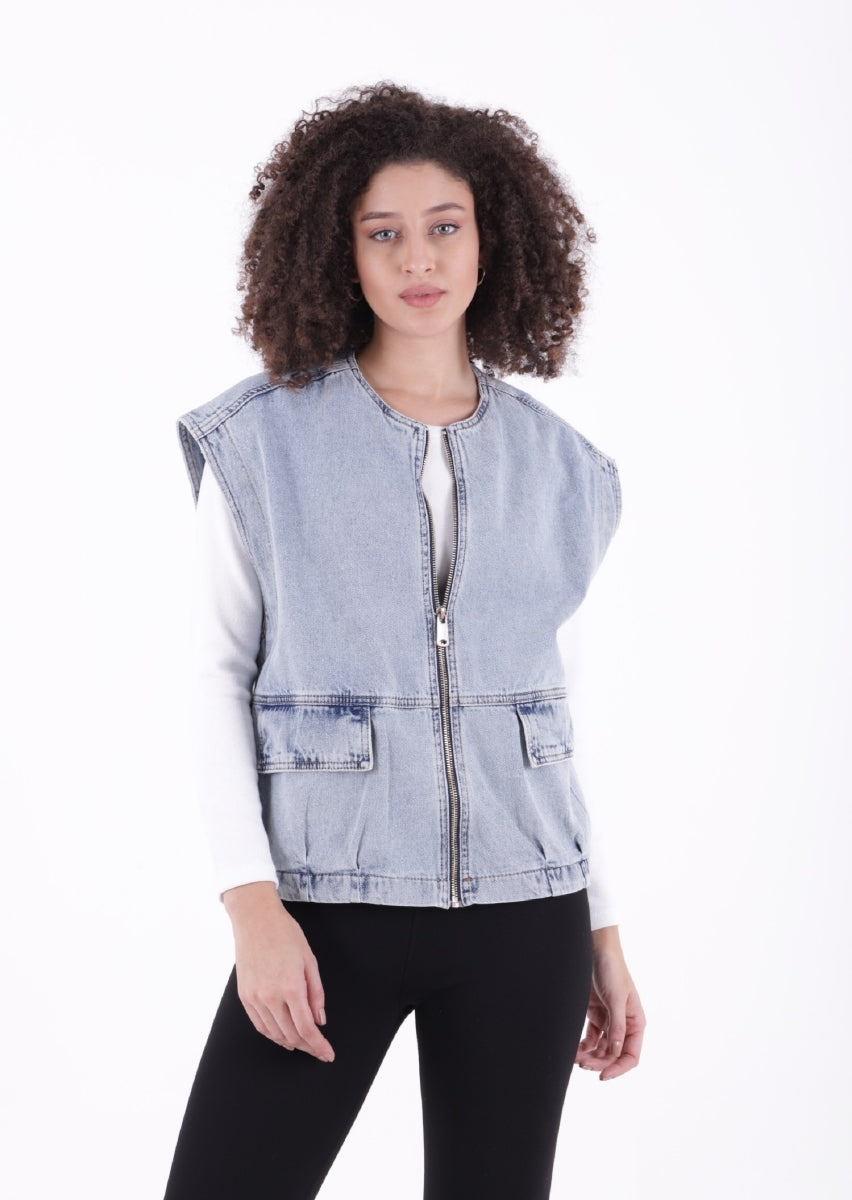 Fermuarlı Oversize Kot Yelek Buz Mavisi ve Tintli