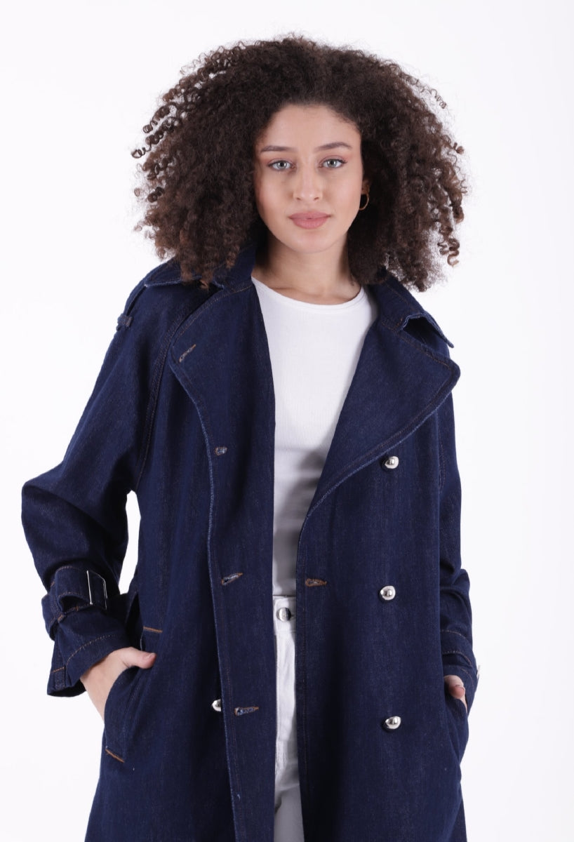 Kruvaze Yaka Kemerli Oversize Uzun Trençkot - Slaplı Lacivert - (S+L+4) - 2