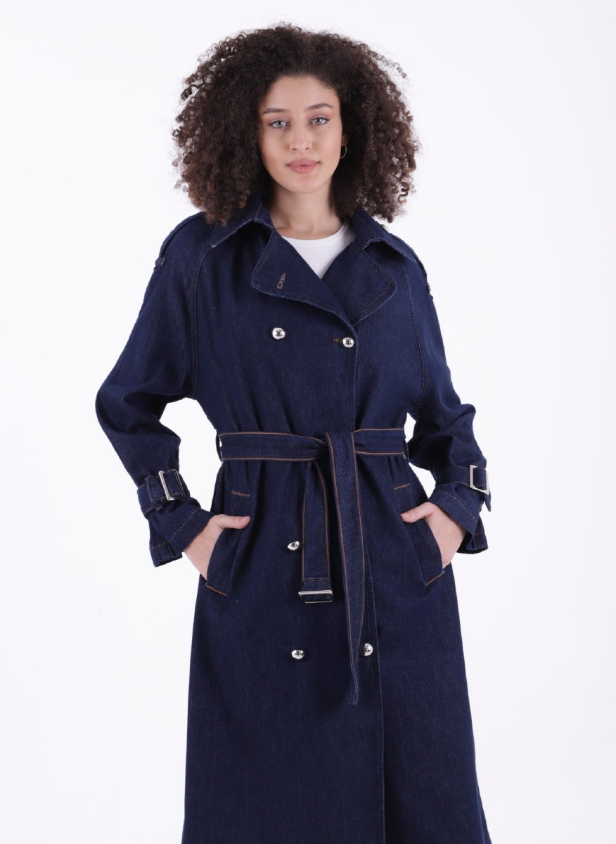 Kruvaze Yaka Kemerli Oversize Uzun Trençkot - Slaplı Lacivert - (S+L+4) - 3
