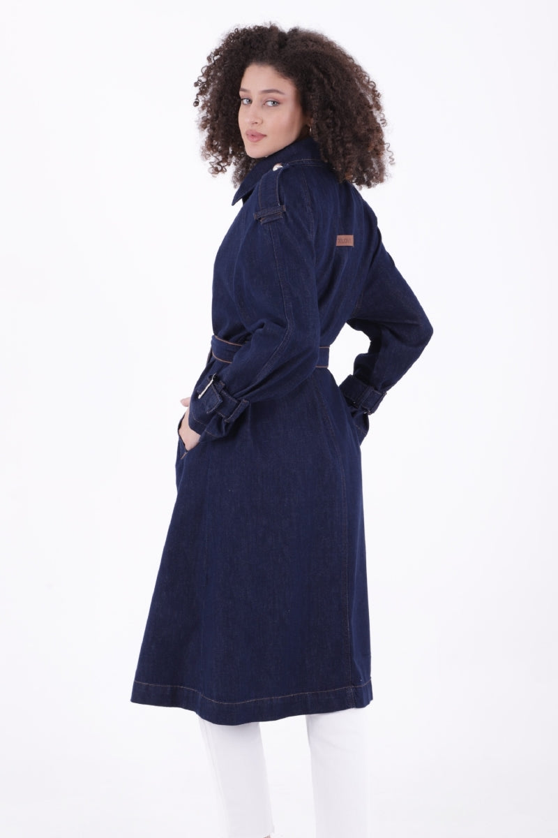 Kruvaze Yaka Kemerli Oversize Uzun Trençkot - Slaplı Lacivert - (S+L+4) - 4