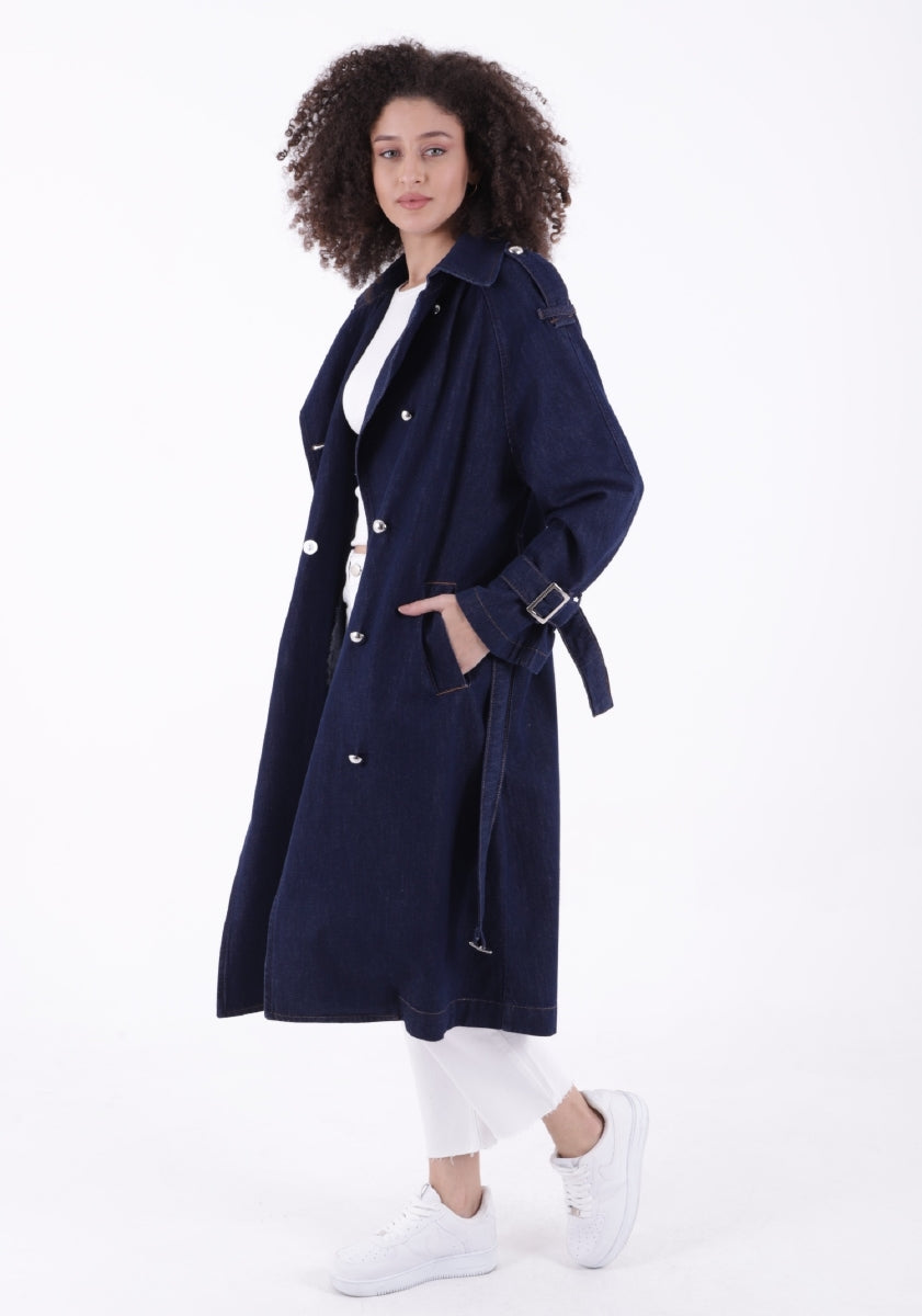 Kruvaze Yaka Kemerli Oversize Uzun Trençkot - Slaplı Lacivert - (S+L+4) - 5