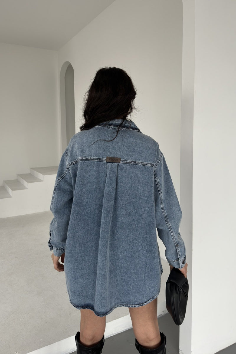 Düğmeli Oversize Kot Gömlek - Kar Yıkama Açık Mavi - (S+L+3) - 4
