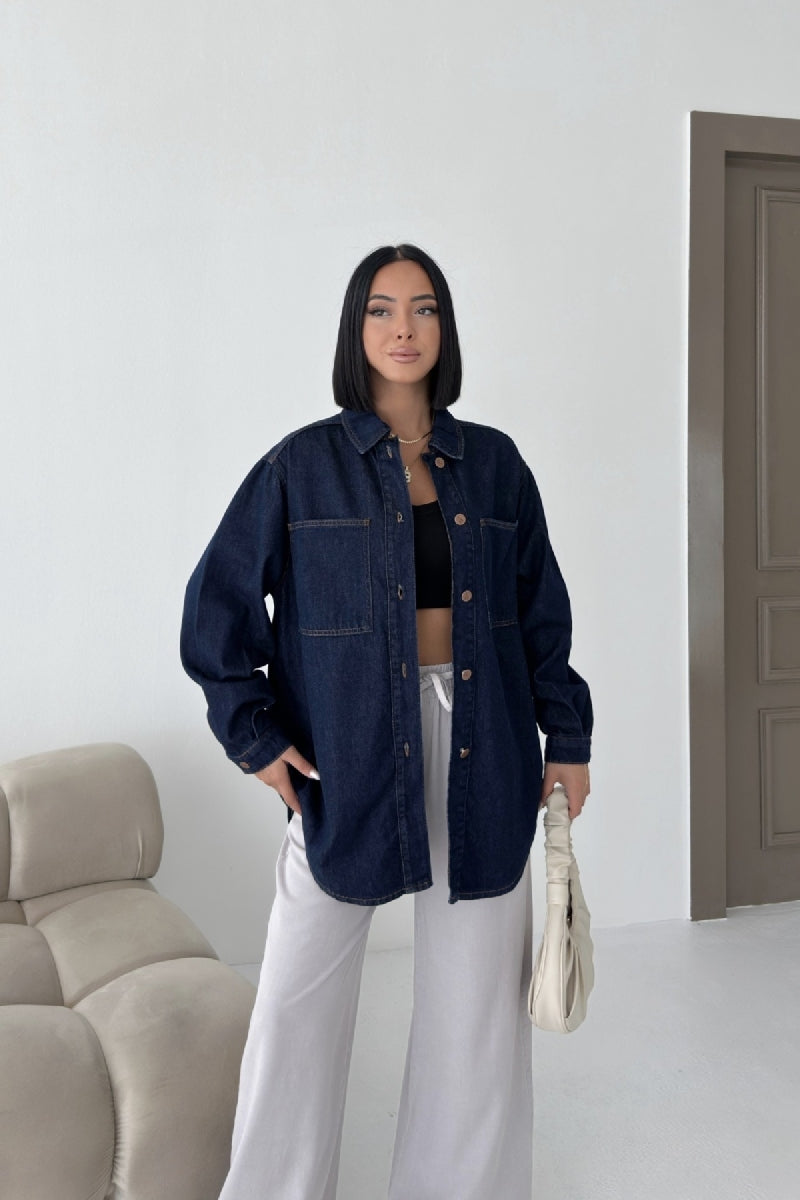 Düğmeli Oversize Kot Gömlek - Slaplı Lacivert - (S+L+3) - 3