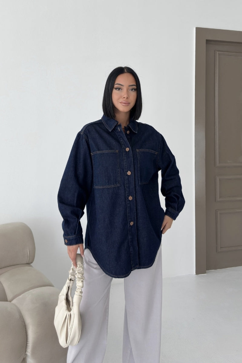 Düğmeli Oversize Kot Gömlek - Slaplı Lacivert - (S+L+3) - 4