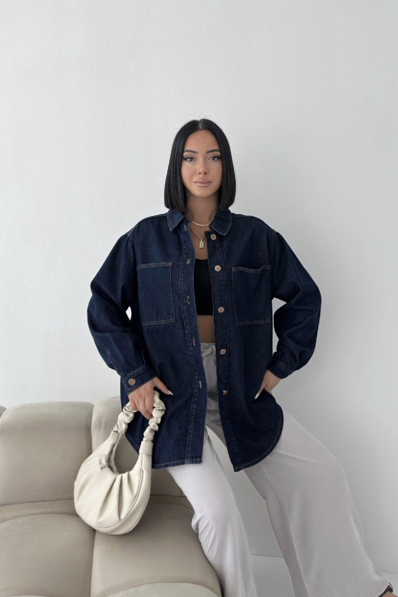Düğmeli Oversize Kot Gömlek - Slaplı Lacivert - (S+L+3) - 6