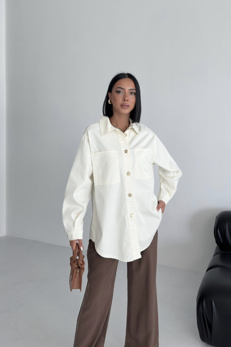 Düğmeli Oversize Kot Gömlek - Kırık Beyaz - (S+L+3) - 6