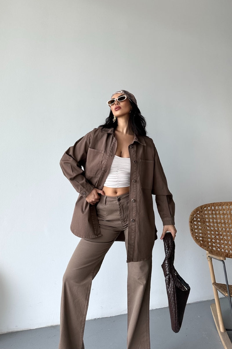 Düğmeli Oversize Kot Gömlek - Toprak - (S+L+3) - 2