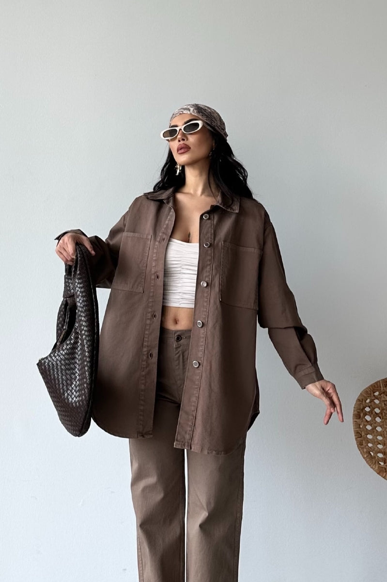 Düğmeli Oversize Kot Gömlek - Toprak - (S+L+3) - 6