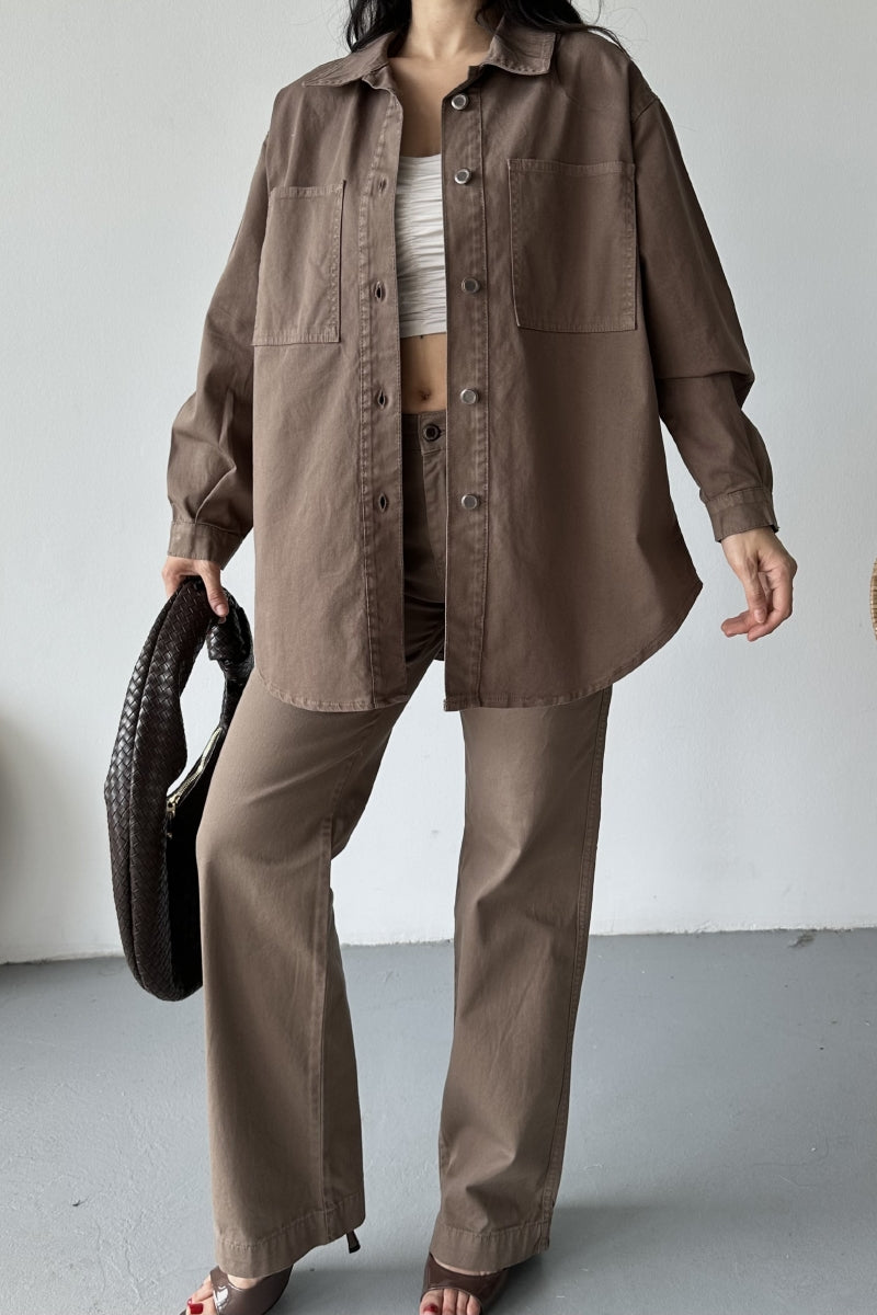 Düğmeli Oversize Kot Gömlek Toprak