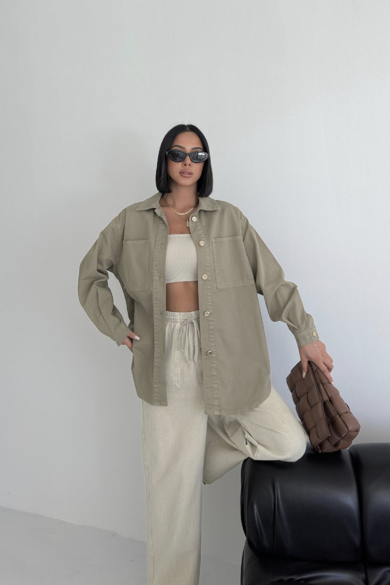Düğmeli Oversize Kot Gömlek - Yeşil - (S+L+3) - 3