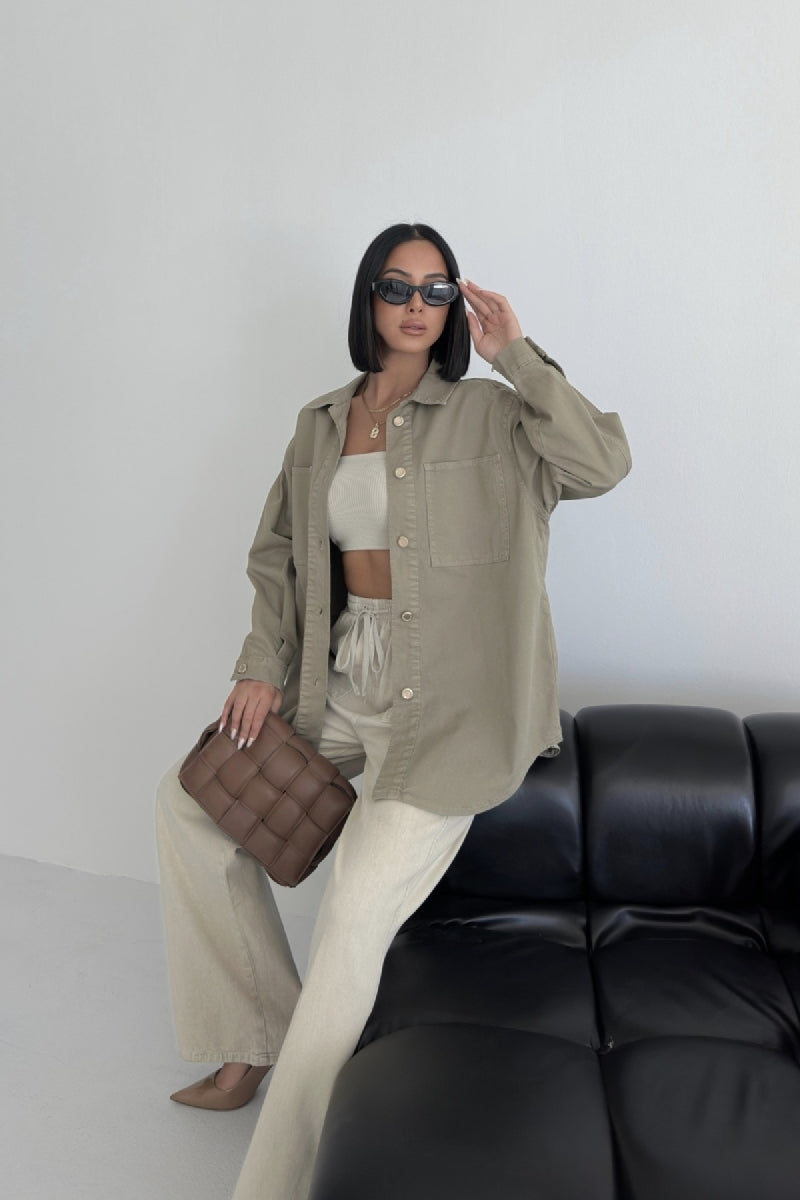 Düğmeli Oversize Kot Gömlek - Yeşil - (S+L+3) - 4