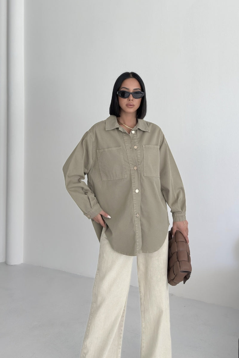 Düğmeli Oversize Kot Gömlek - Yeşil - (S+L+3) - 5