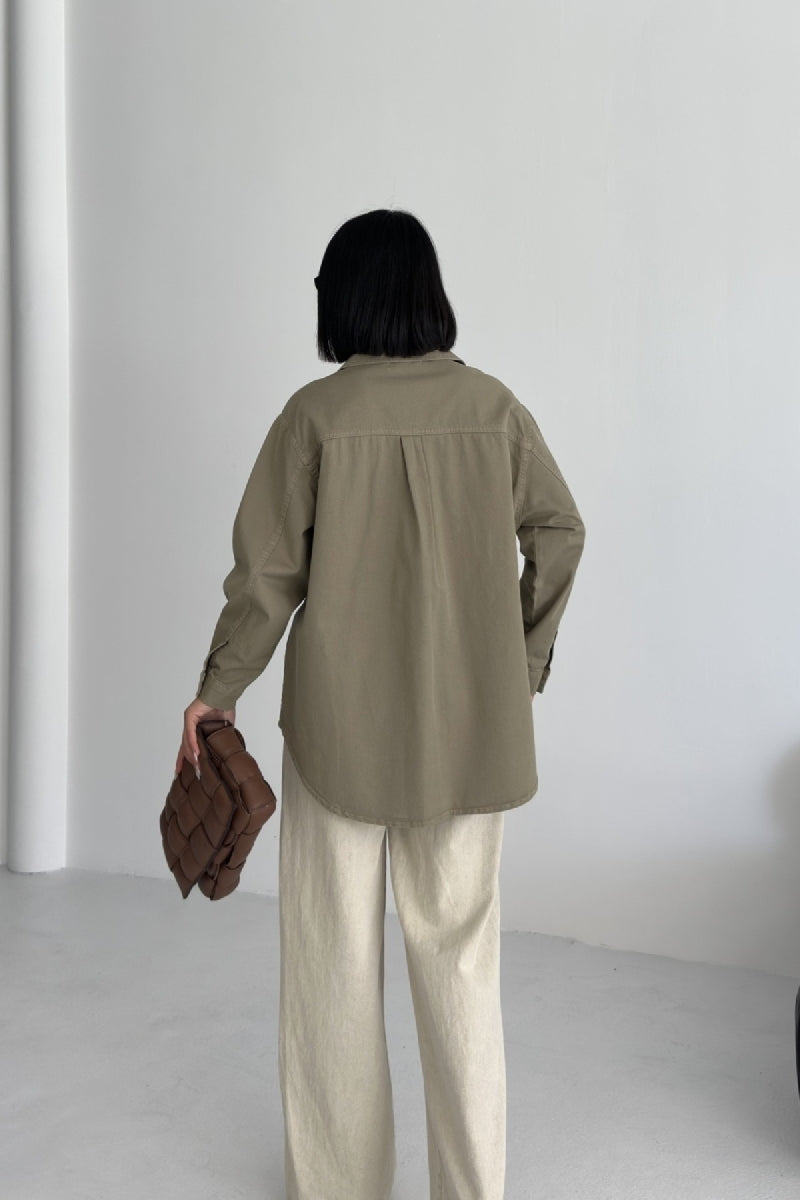 Düğmeli Oversize Kot Gömlek - Yeşil - (S+L+3) - 6