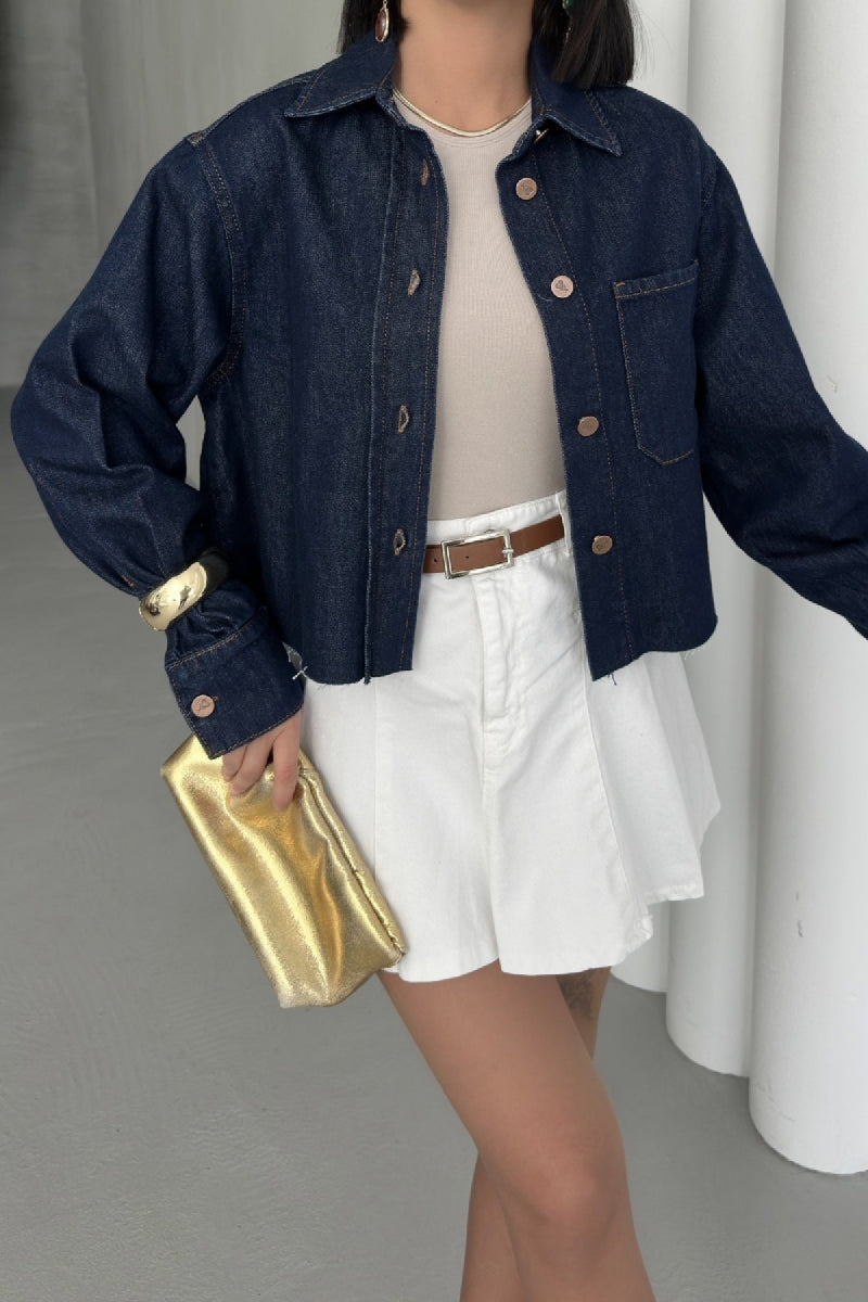 Kısa Cepli Kot Ceket - Slaplı Lacivert - (S-XL) - 2