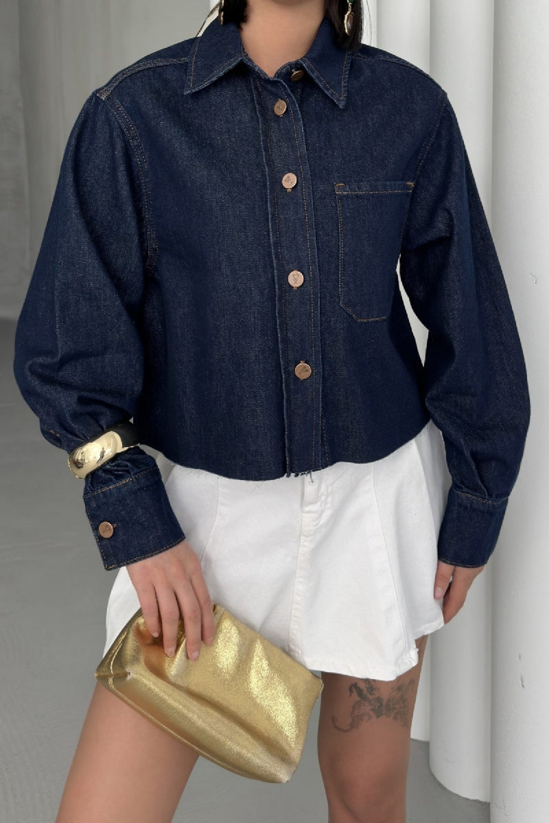 Kısa Cepli Kot Ceket Slaplı Lacivert