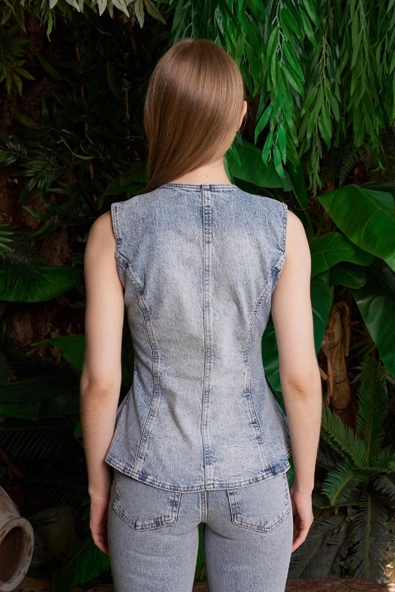 Belden Oturtmalı Düğmeli Kot Yelek - Açık Mavi ve Tintli - (S-XL) - 4