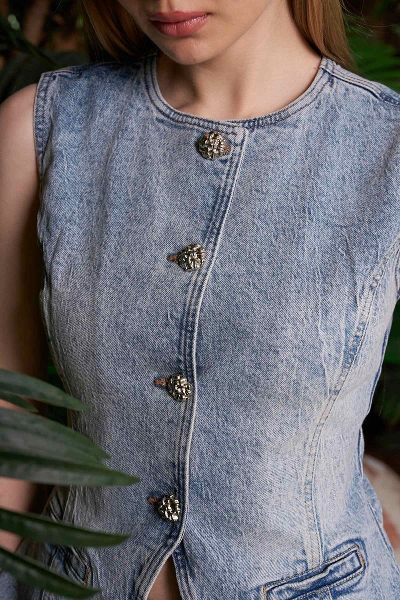 Belden Oturtmalı Düğmeli Kot Yelek - Açık Mavi ve Tintli - (S-XL) - 5