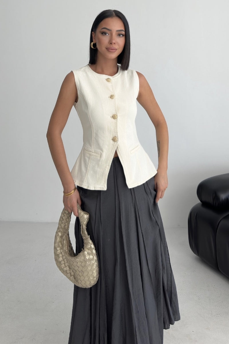 Belden Oturtmalı Düğmeli Kot Yelek - Naturel - (S-XL) - 3