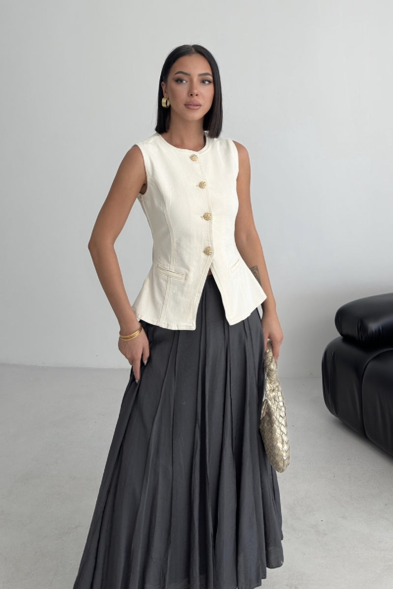 Belden Oturtmalı Düğmeli Kot Yelek - Naturel - (S-XL) - 5