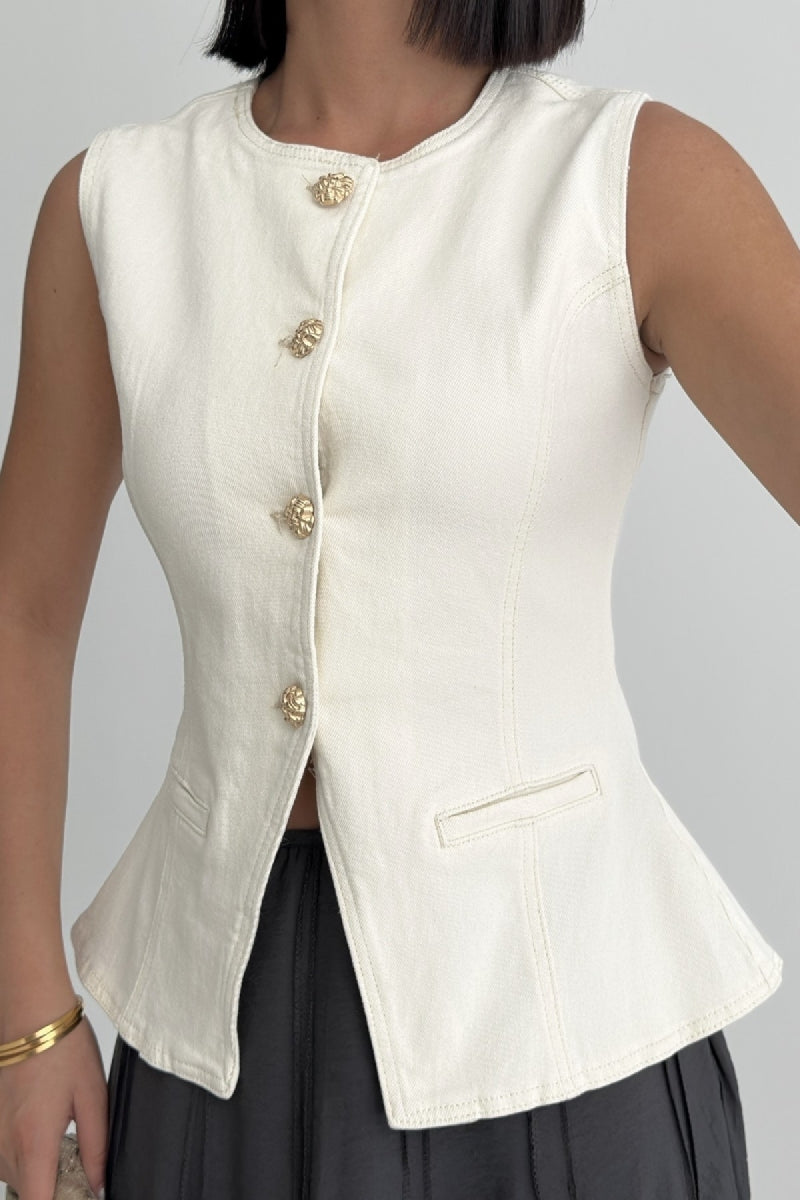 Belden Oturtmalı Düğmeli Kot Yelek - Naturel - (S-XL) - 6