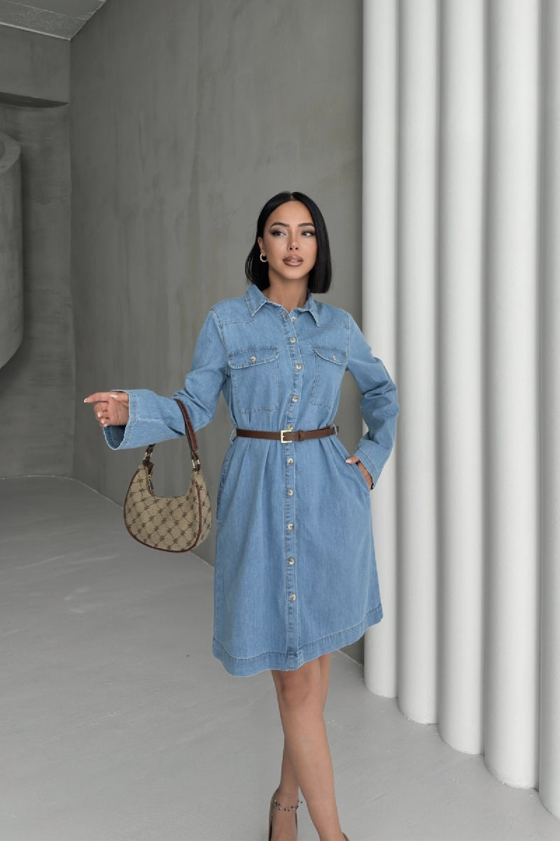 Düğmeli Uzun Gömlek - Orta Mavi - (S-XL) - 6