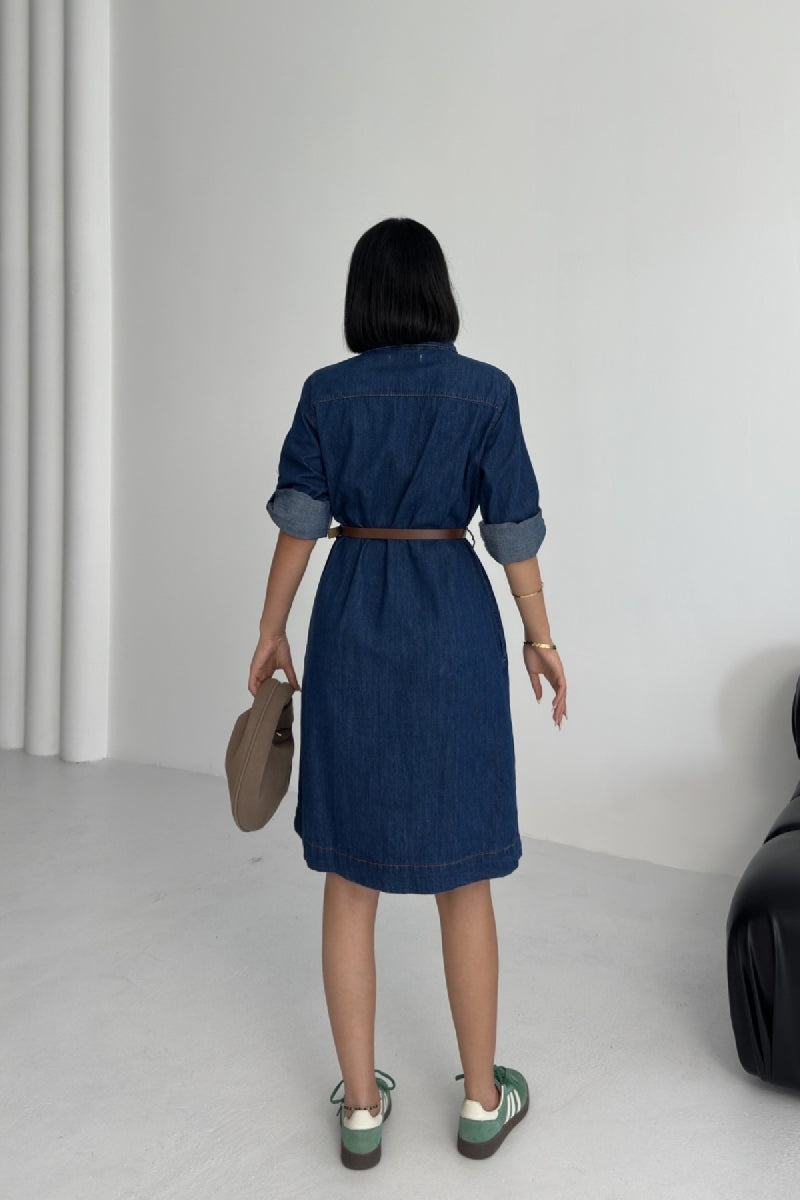 Düğmeli Uzun Gömlek - Düz Koyu Rins - (S-XL) - 3