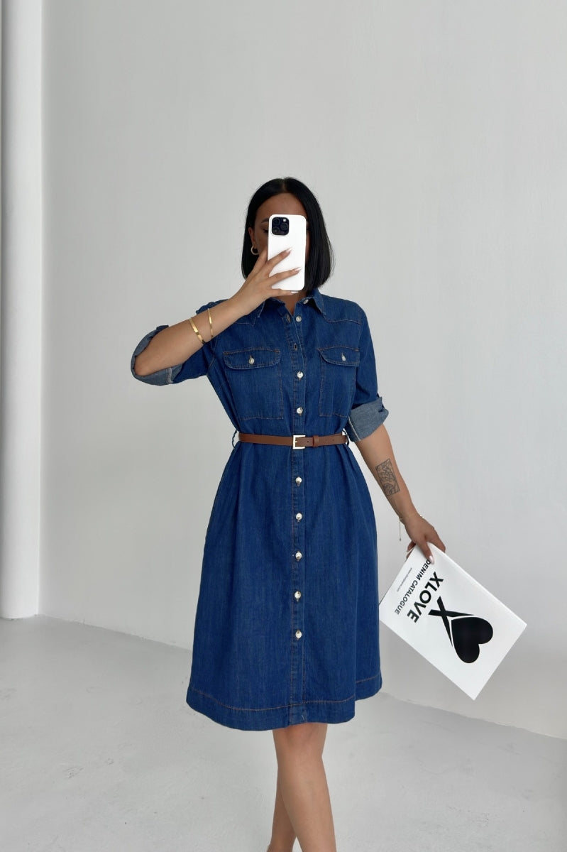 Düğmeli Uzun Gömlek - Düz Koyu Rins - (S-XL) - 4
