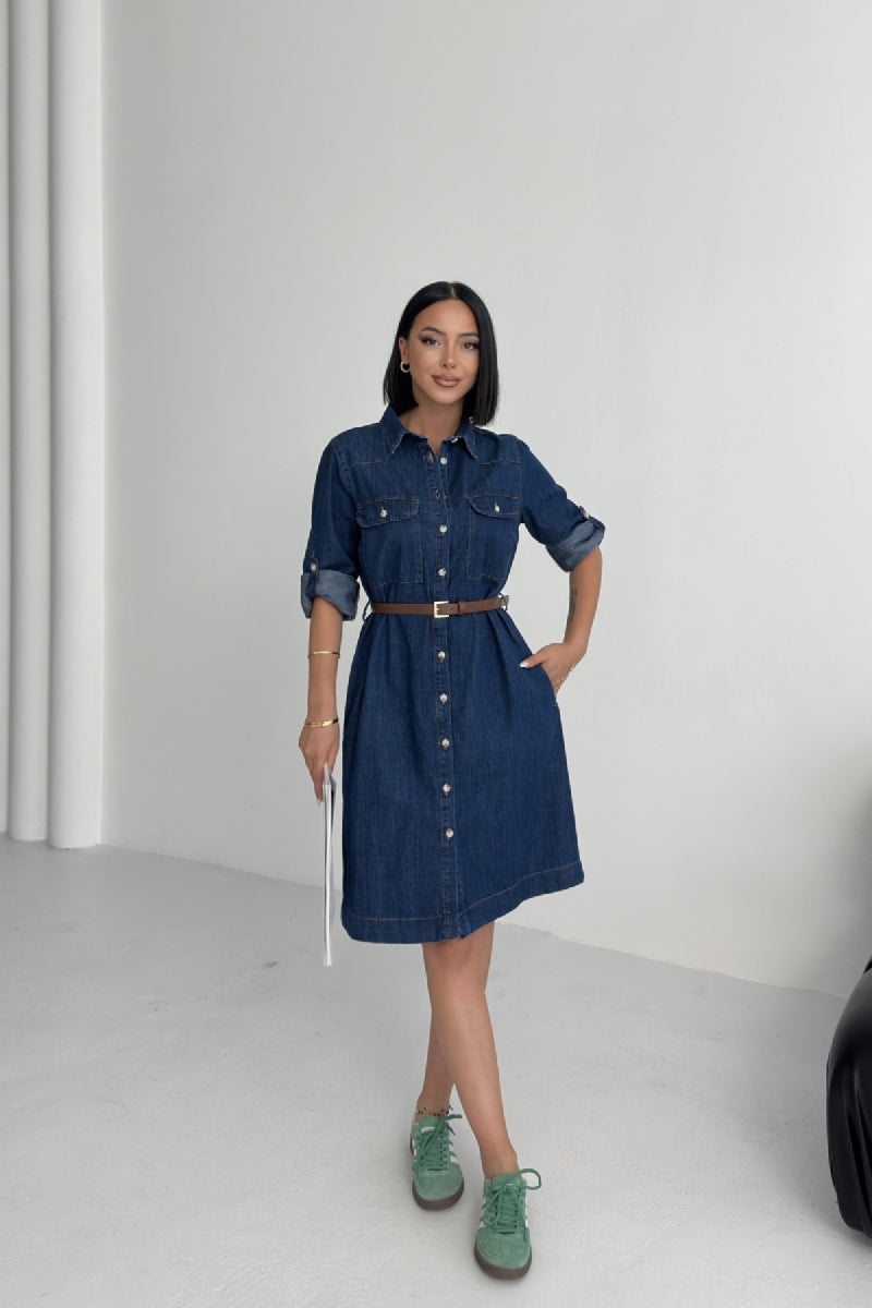 Düğmeli Uzun Gömlek - Düz Koyu Rins - (S-XL) - 5