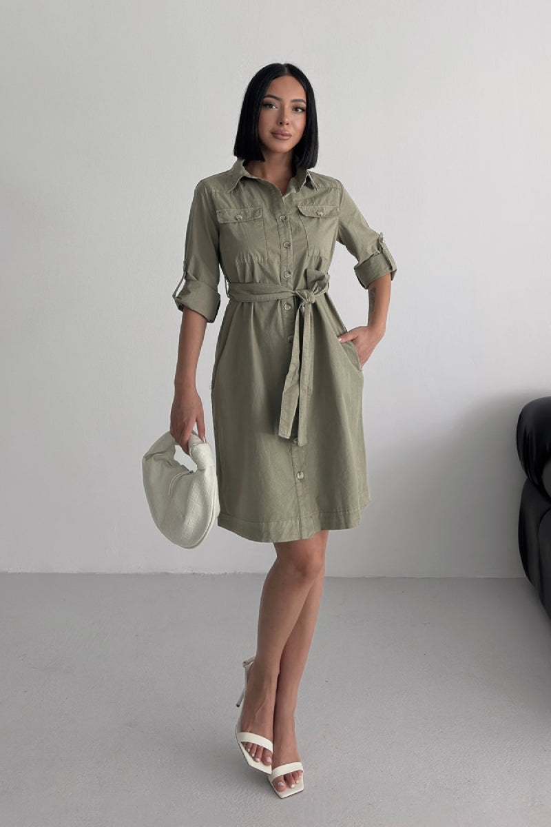 Düğmeli Uzun Gömlek Elbise - Yeşil - (S-XL) - 3