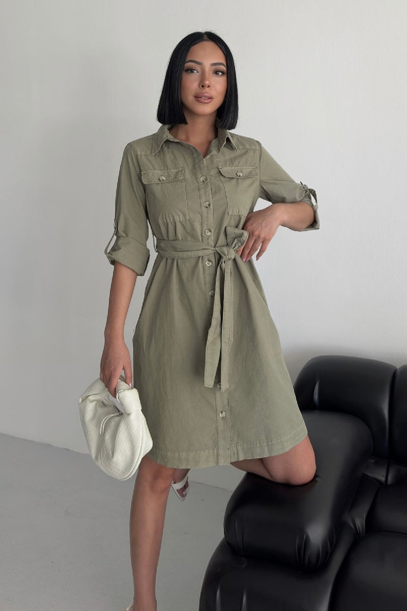 Düğmeli Uzun Gömlek Elbise - Yeşil - (S-XL) - 4
