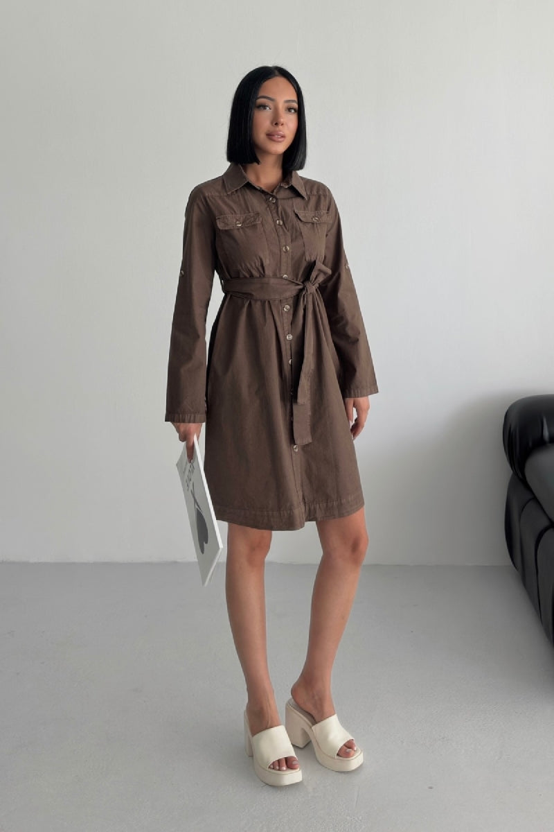 Düğmeli Uzun Gömlek Elbise - Kahverengi - (S-XL) - 3