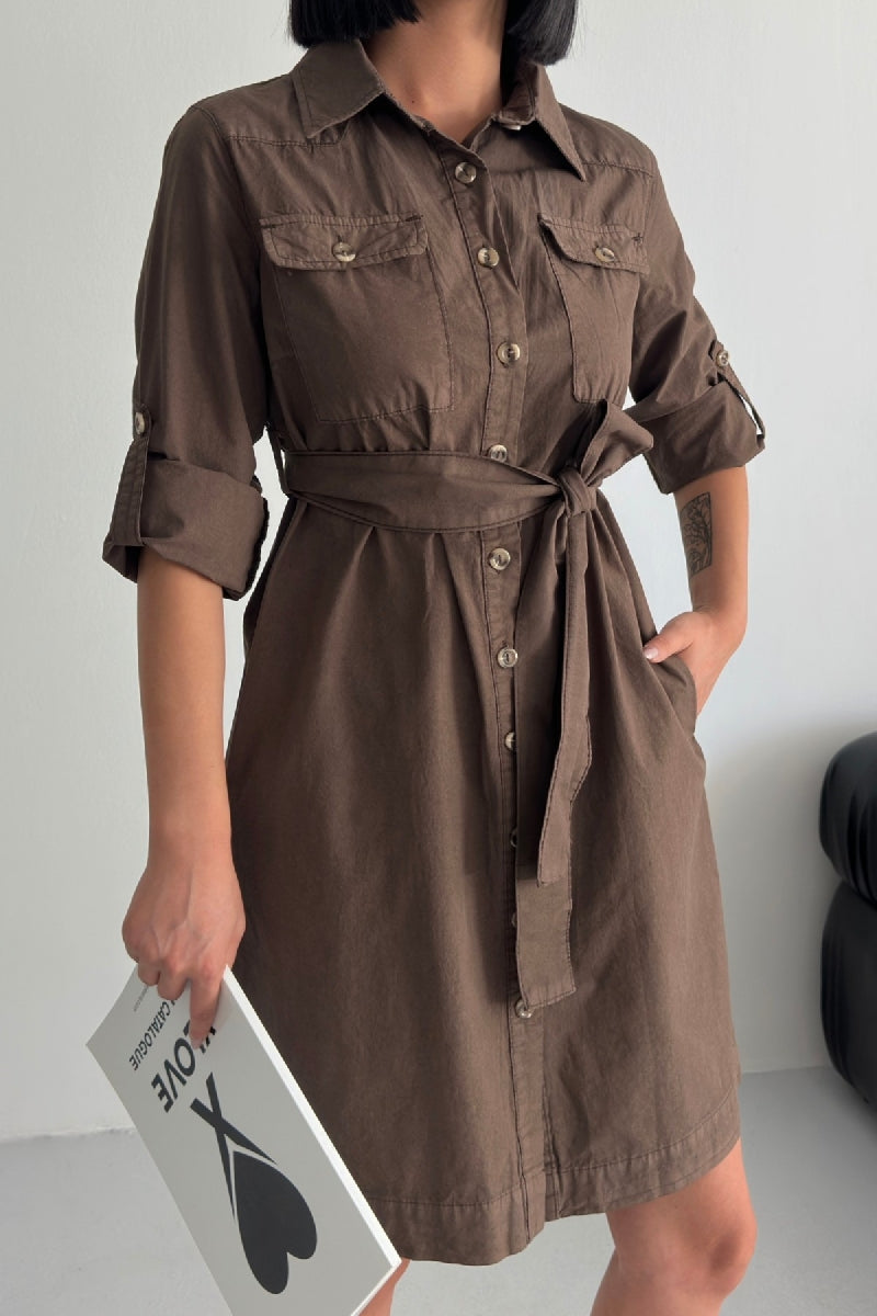 Düğmeli Uzun Gömlek Elbise - Kahverengi - (S-XL) - 4