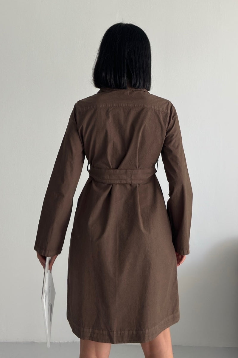 Düğmeli Uzun Gömlek Elbise - Kahverengi - (S-XL) - 6