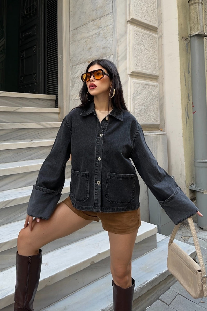 Kolu Katlama Detaylı Kot Ceket - Düz Antrasit - (S-L-3) - 2