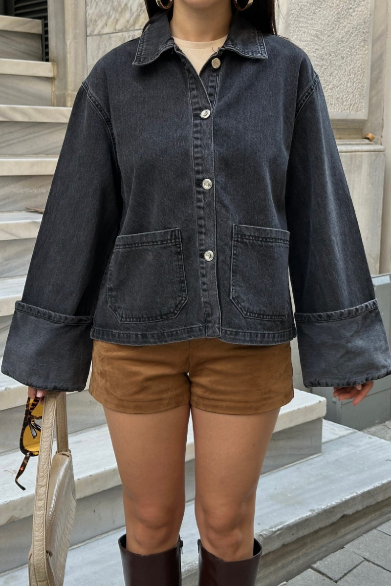 Kolu Katlama Detaylı Kot Ceket - Düz Antrasit - (S-L-3) - 3