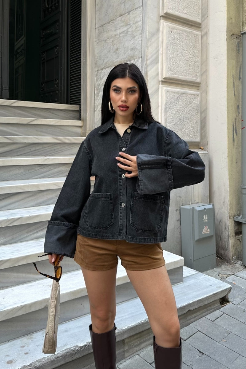 Kolu Katlama Detaylı Kot Ceket - Düz Antrasit - (S-L-3) - 6