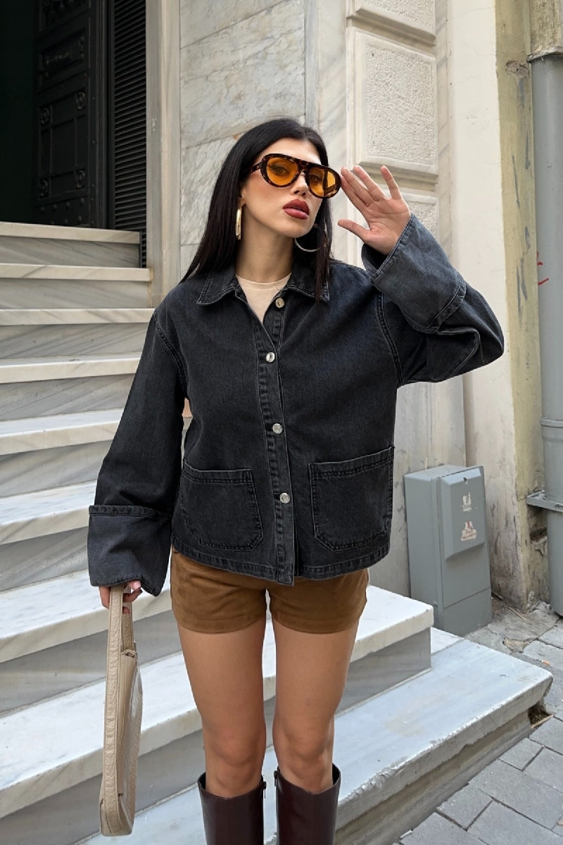 Kolu Katlama Detaylı Kot Ceket Düz Antrasit