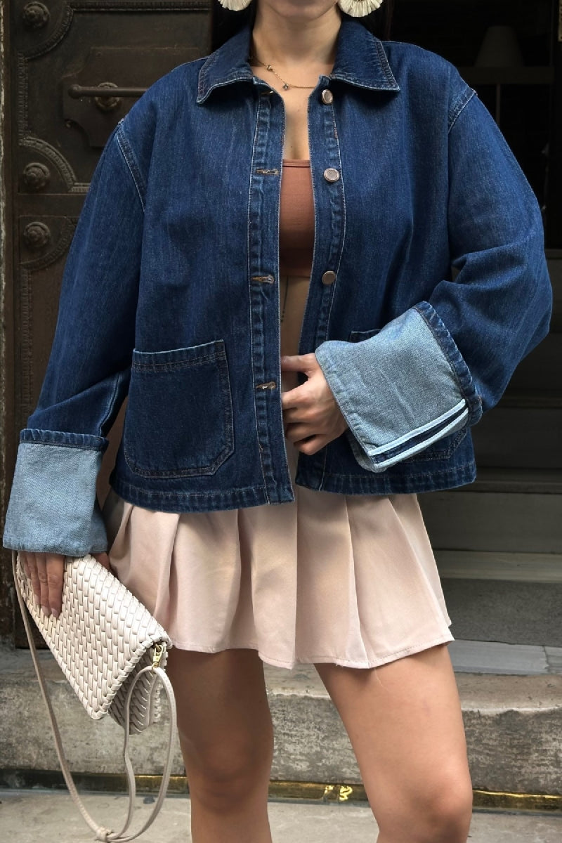 Kolu Katlama Detaylı Kot Ceket - Düz Koyu Rins - (S-L-3) - 2