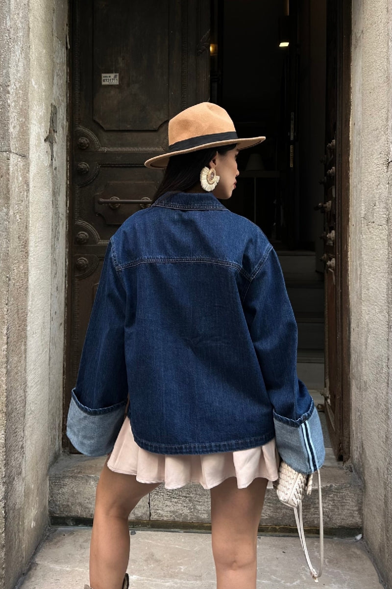 Kolu Katlama Detaylı Kot Ceket - Düz Koyu Rins - (S-L-3) - 3