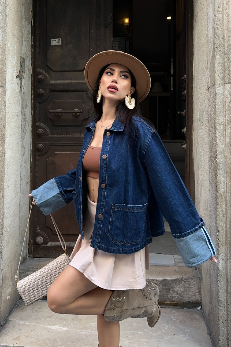 Kolu Katlama Detaylı Kot Ceket Düz Koyu Rins