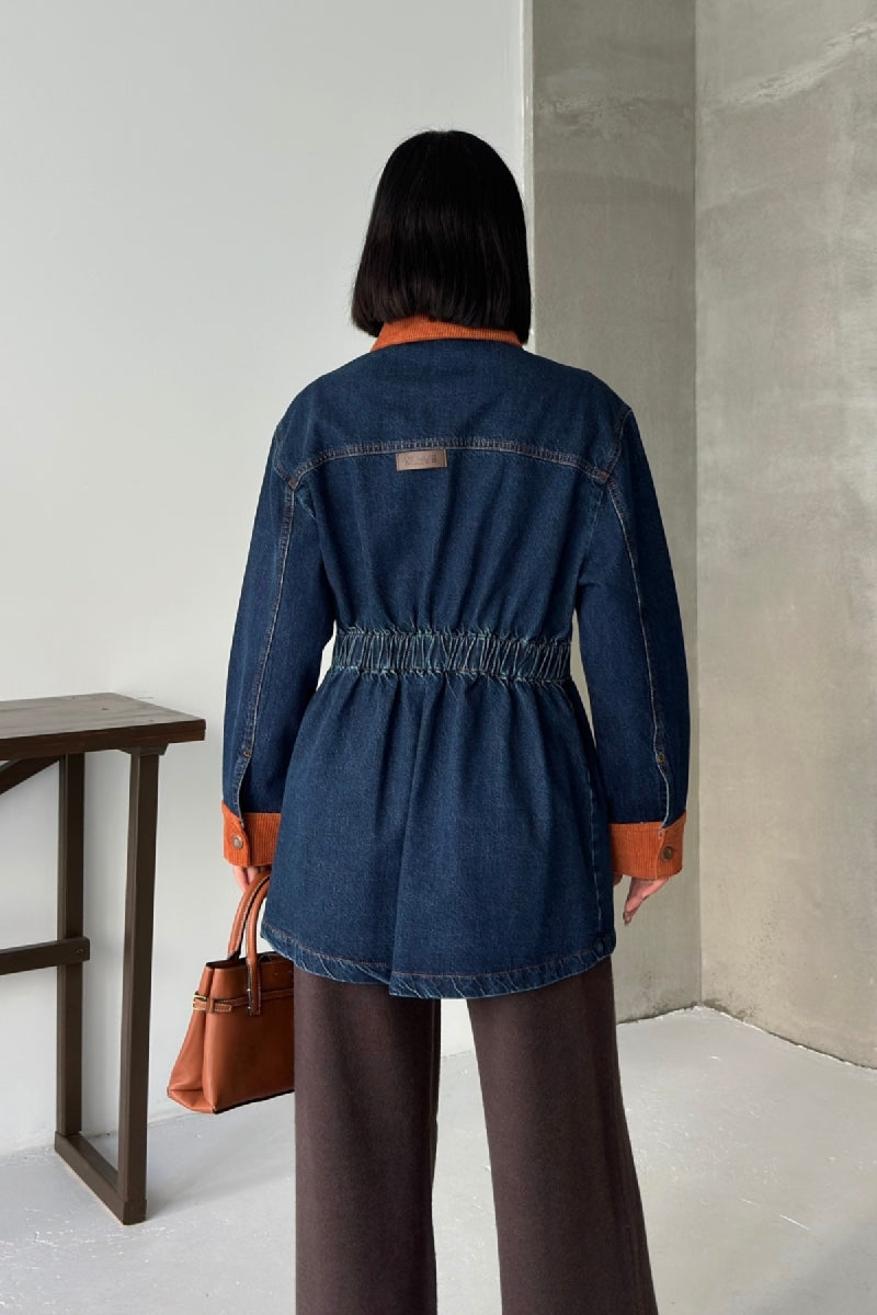 Kadife Detaylı Fermuarlı Kot Ceket - Düz Koyu Rins - (S-XL) - 2