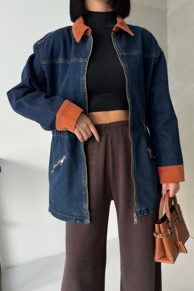 Kadife Detaylı Fermuarlı Kot Ceket - Düz Koyu Rins - (S-XL) - 4