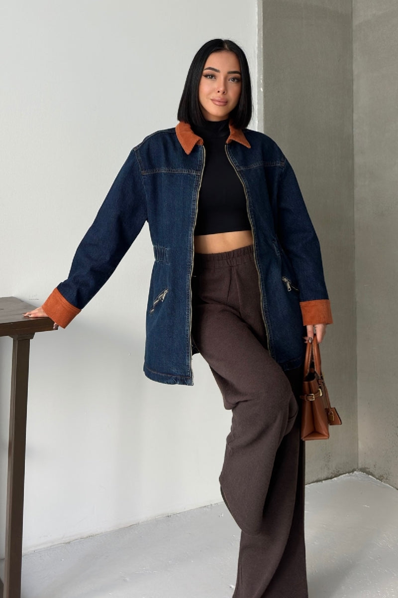 Kadife Detaylı Fermuarlı Kot Ceket - Düz Koyu Rins - (S-XL) - 6