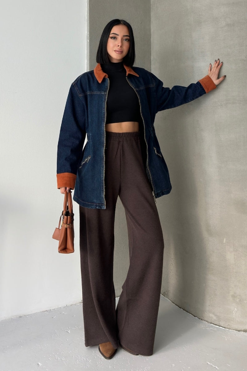 Kadife Detaylı Fermuarlı Kot Ceket Düz Koyu Rins