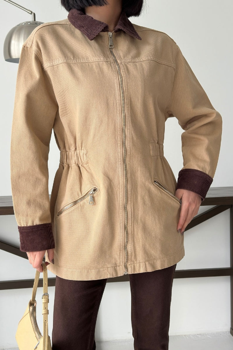 Kadife Detaylı Fermuarlı Kot Ceket - Camel - (S-XL) - 3
