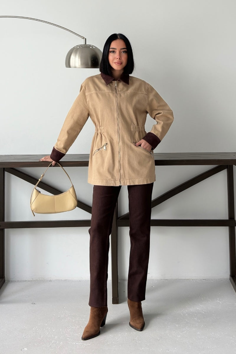 Kadife Detaylı Fermuarlı Kot Ceket - Camel - (S-XL) - 6