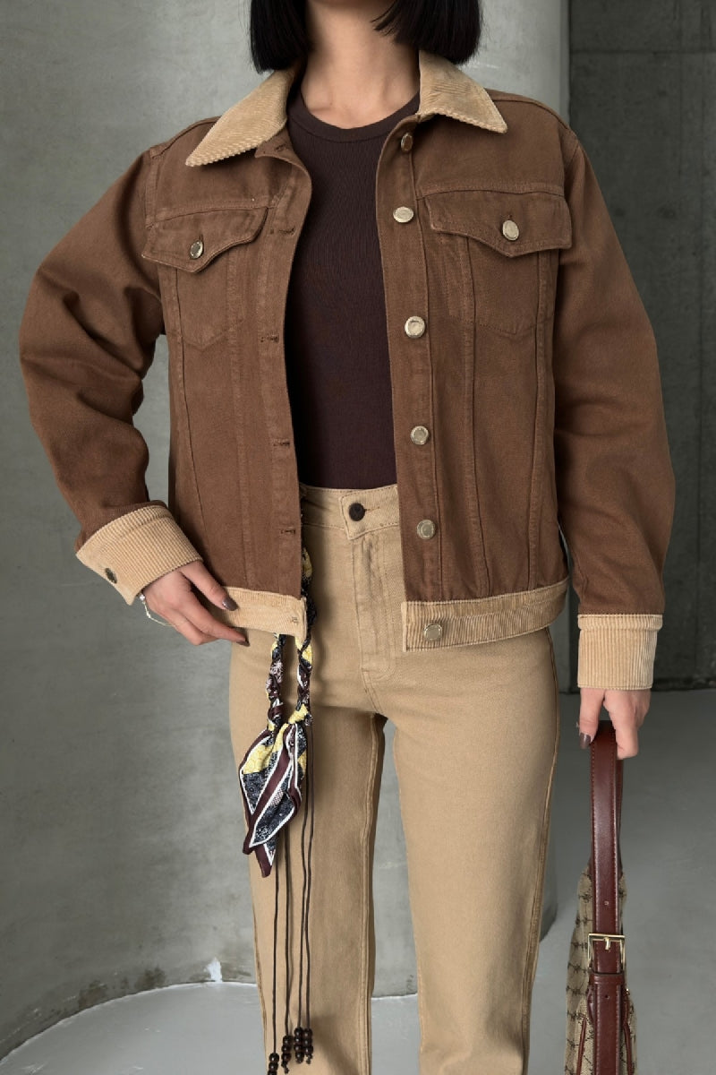 Kadife Detaylı Klasik Kot Ceket - Kahverengi - (S-XL) - 4