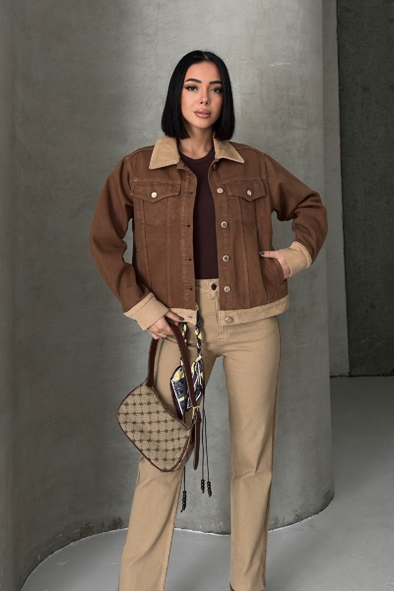 Kadife Detaylı Klasik Kot Ceket Kahverengi